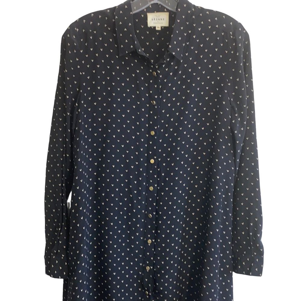 Classic Sezane long sleeve silk hearts dot dress with brass buttons